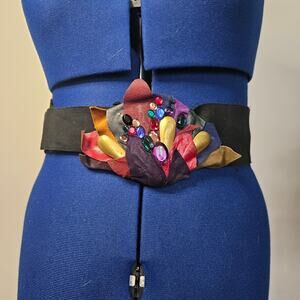 Rebecca’s Leather Flower Belt Jeweled Petal Appliqué Velcro Cinch Waist Belt